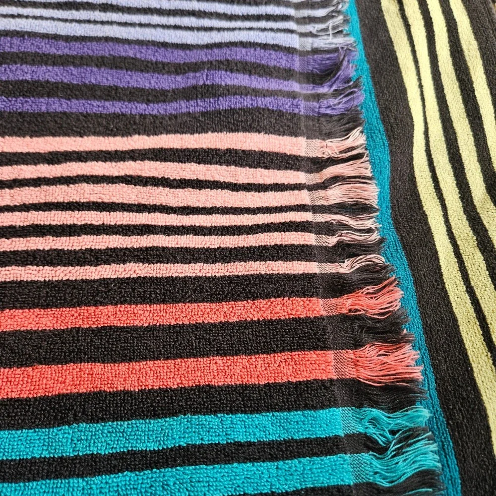 Benetton Vtg MultiColor Striped Cotton Beach Pool Towel Fringed Retro 62x30